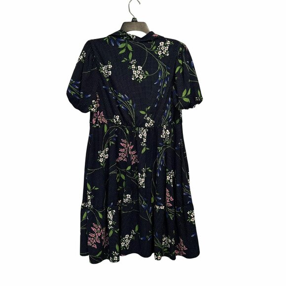 ✨Kensie Women's Sz 6 Navy Floral Pocketed Flounce Pouf Sleeve Casual Shirt Dress - Picture 2 of 8